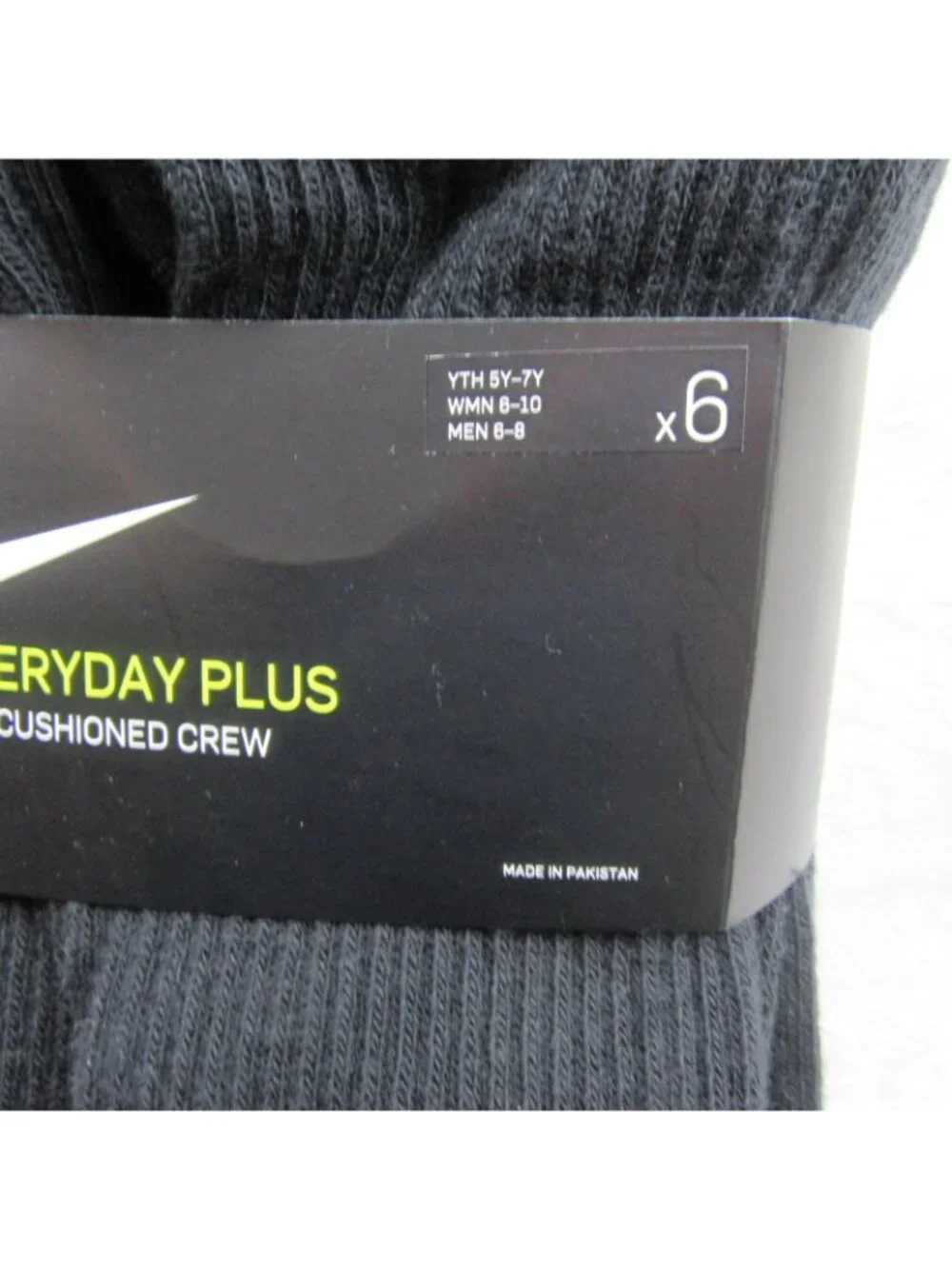 Nike Everyday Plus Dri-Fit Black Crew Socks (6 Pk) Womens 6-10 / Youth 5Y-7Y NEW